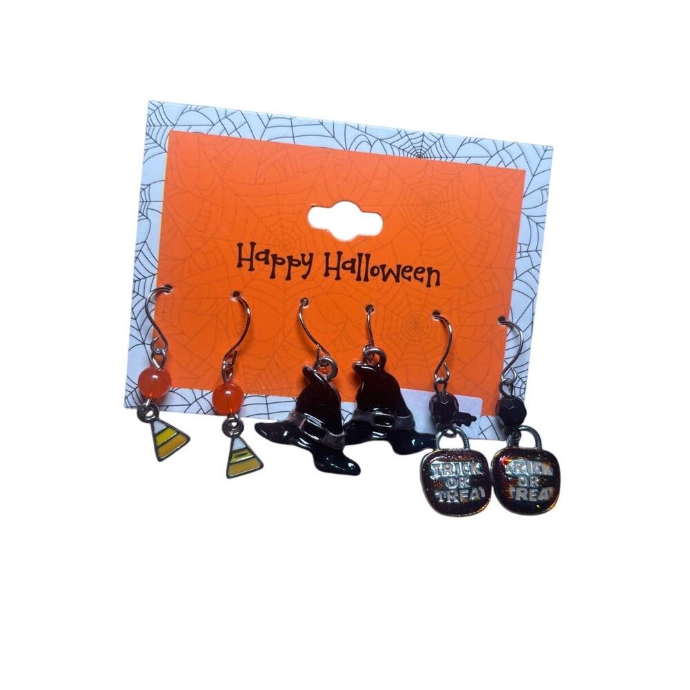 Happy Halloween Witch Hat Candy Corn Trick or‎ Treat Earrings Set